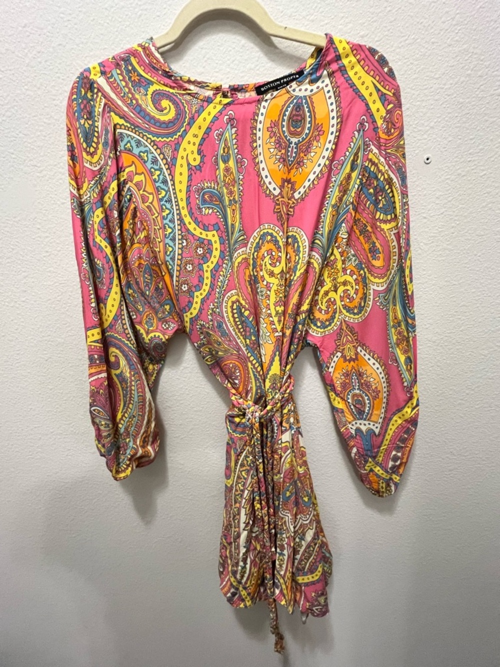 Boston Proper Pink Paisley Long Sleeve Tie-Waist Dress With Braided Sash - Picture 2 of 9